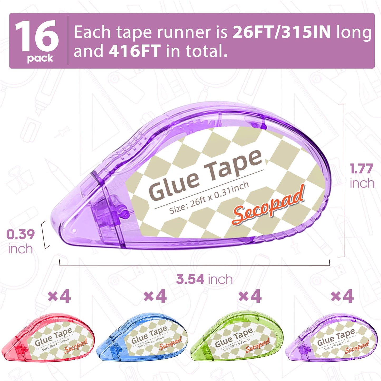 Secopad Scrapbook Tape, Glue Tape for Crafts, 4 Pack, Light-Colored Shell