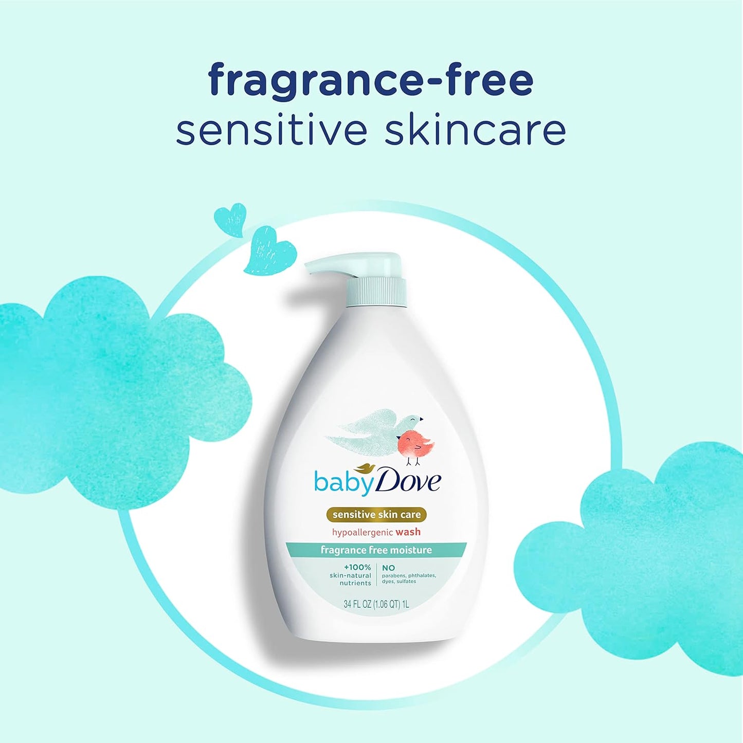 Baby Dove Care Baby Wash Fragrance-Free Moisture 1 Pack 34 oz