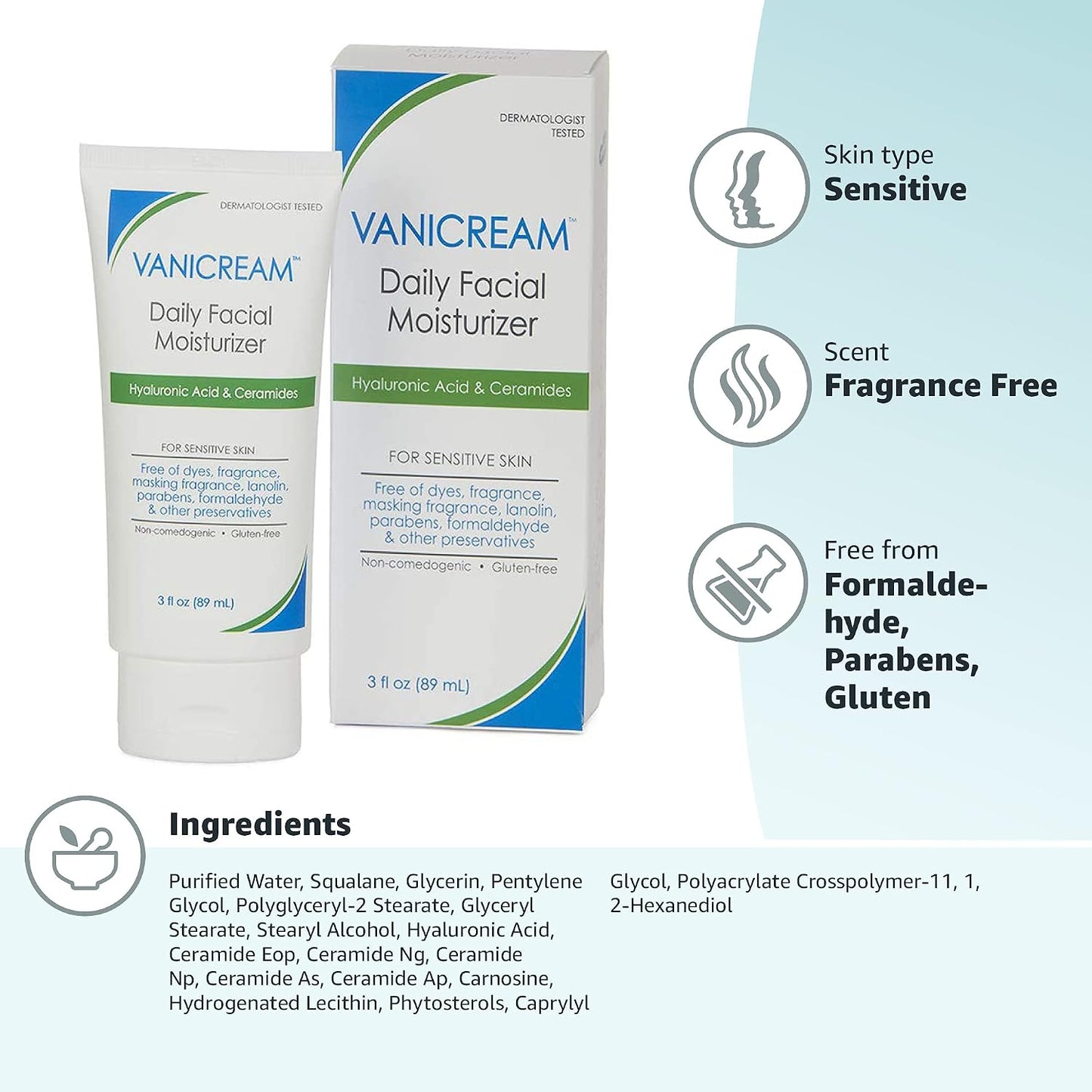 Vanicream Daily Facial Moisturizer, Lightweight, Non-Greasy, 3 Fl Oz