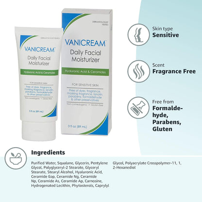 Vanicream Daily Facial Moisturizer, Lightweight, Non-Greasy, 3 Fl Oz