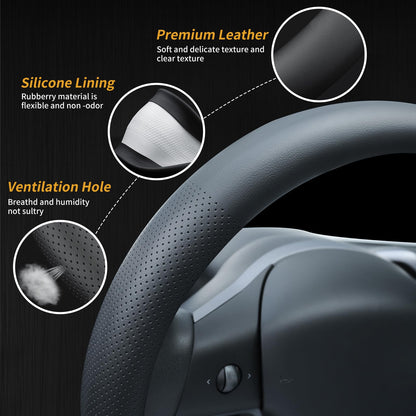 Uxcer Nappa Leather Steering Wheel Cover Compatible with Tesla Model 3/Y 2016-2025 2026 Juniper/Highland, Non-Slip Breathable Tesla Model 3/Y Steering Wheel Protector, White