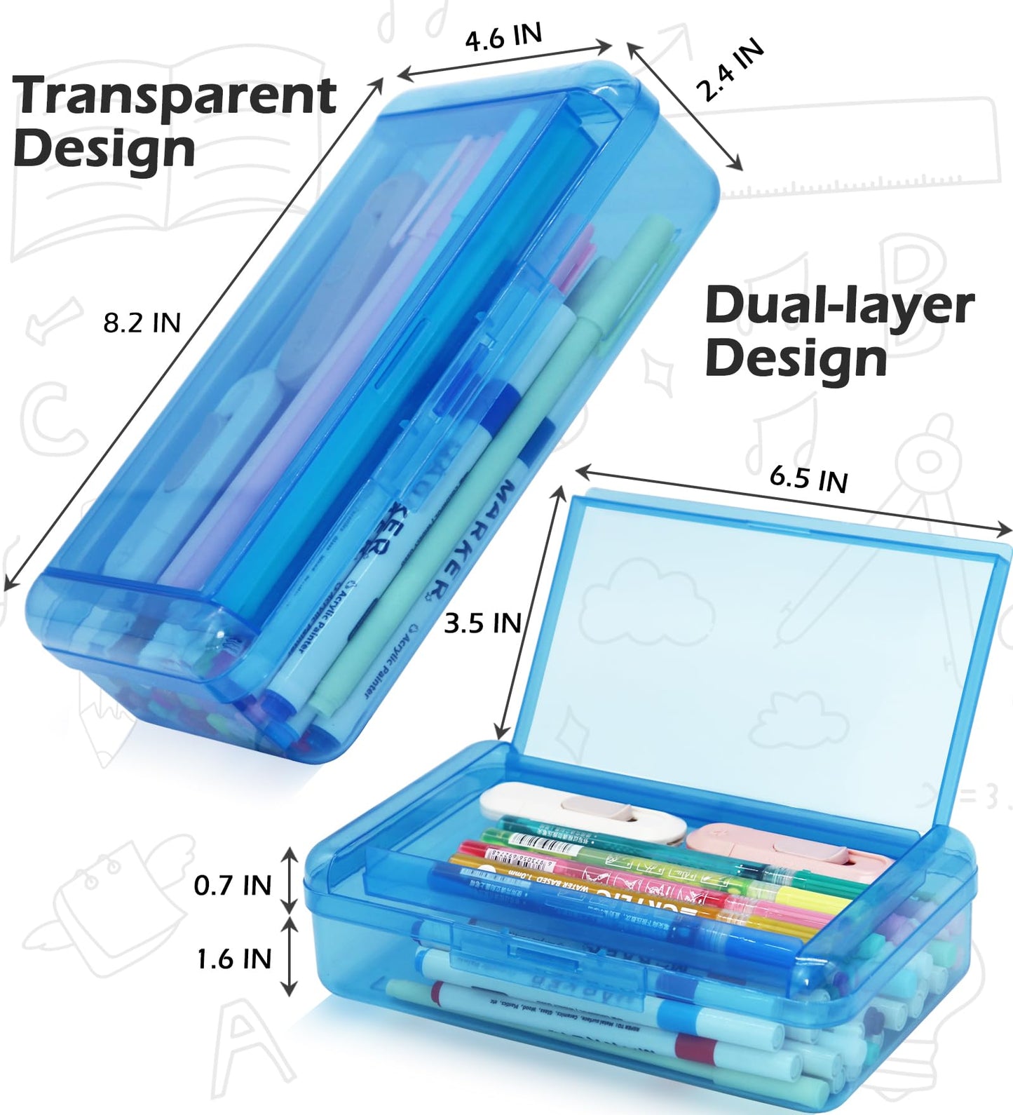Double Layer Plastic Clear Hard Colored Pencil Box Case Pen Crayon Box