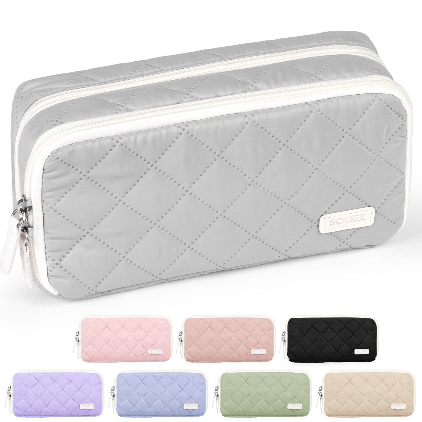 Sooez Large Pencil Case Pouch, Extra Big Pencil Bag with 8 Compartments, Pen Bag Wide Opening, Soft Quilted Pencil Pouch Organizer with Zipper, Portable Pencil Case for Teen Girls, Beige