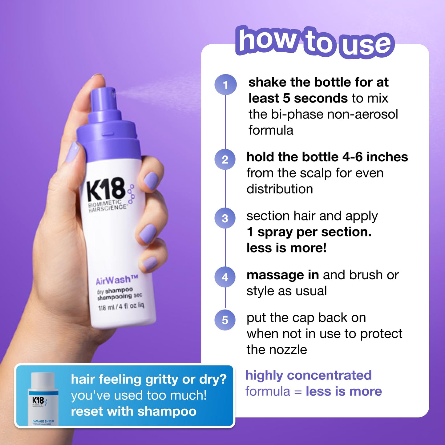 K18 AirWash™ Dry Shampoo, Non-Aerosol, Balances Scalp & Controls Excess Oil Production