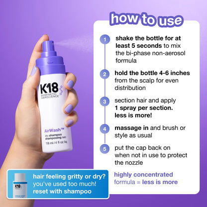 K18 AirWash™ Dry Shampoo, Non-Aerosol, Balances Scalp & Controls Excess Oil Production