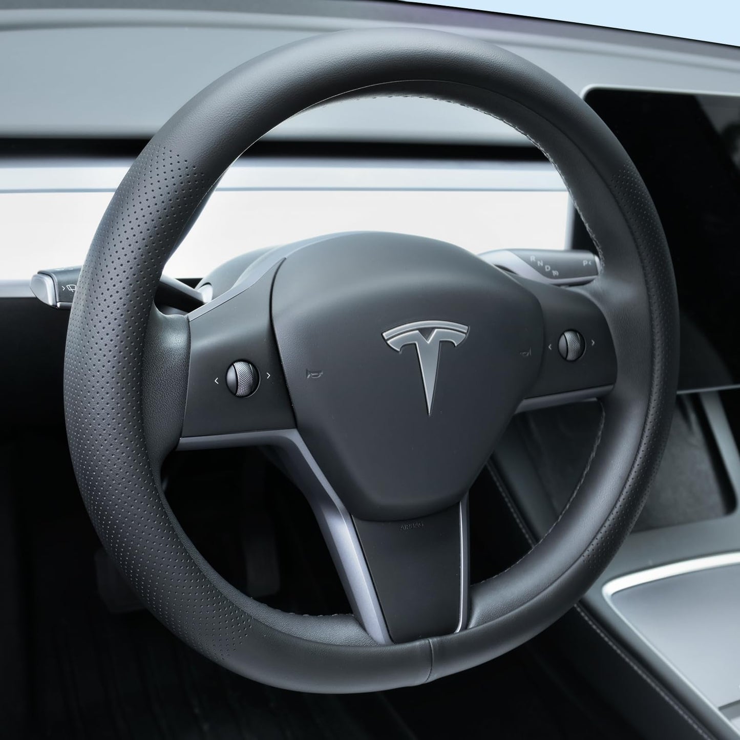 Uxcer Nappa Leather Steering Wheel Cover Compatible with Tesla Model 3/Y 2016-2025 2026 Juniper/Highland, Non-Slip Breathable Tesla Model 3/Y Steering Wheel Protector, White