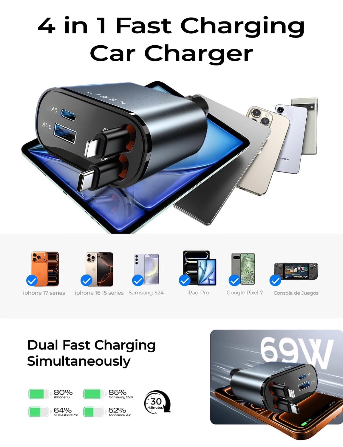 LISEN Retractable Car Charger, 84W Car Charger USB C Fast Charge, 4 in 1