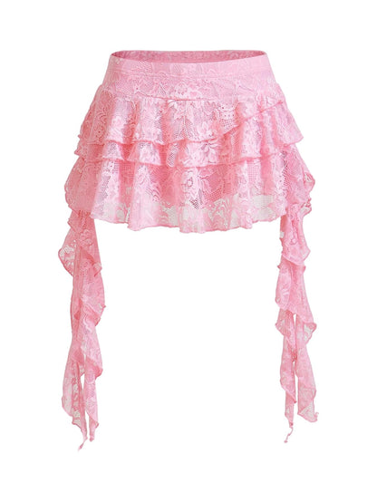 Women's Y2K Mini Skirt Ruffle Lace Mesh Asymmetrical Flowy Short Skort