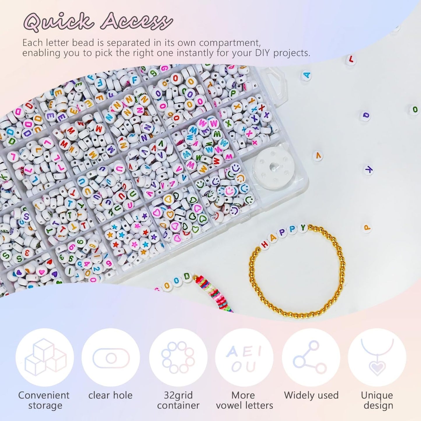 Looconi 810pcs Gold Letter Beads Square 6x6mm White Cube Acrylic Alphabet A-Z with Heart Pattern and Crystal Line for Jewelry Making