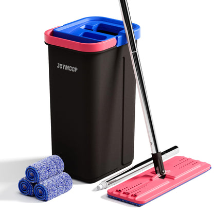 JOYMOOP Wall Mop and Bucket Set, Hands-Free Flat Floor Mop with 3 Washable Microfiber Pads, Wet and Dry Use, Ideal for Home and Commercial Floor Cleaning