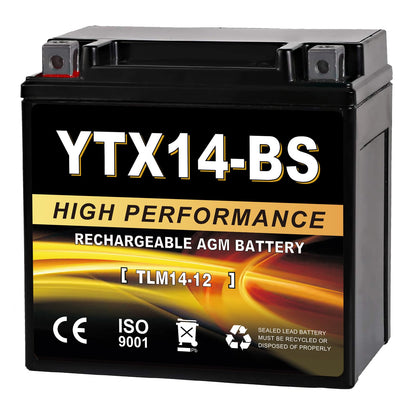 YTX14AH-BS 12V 12Ah Motorcycle Battery, 220CCA Rechargeable Maintenance Free Sealed AGM Battery, Powersport Replacement for ATV, UTV, Scooter