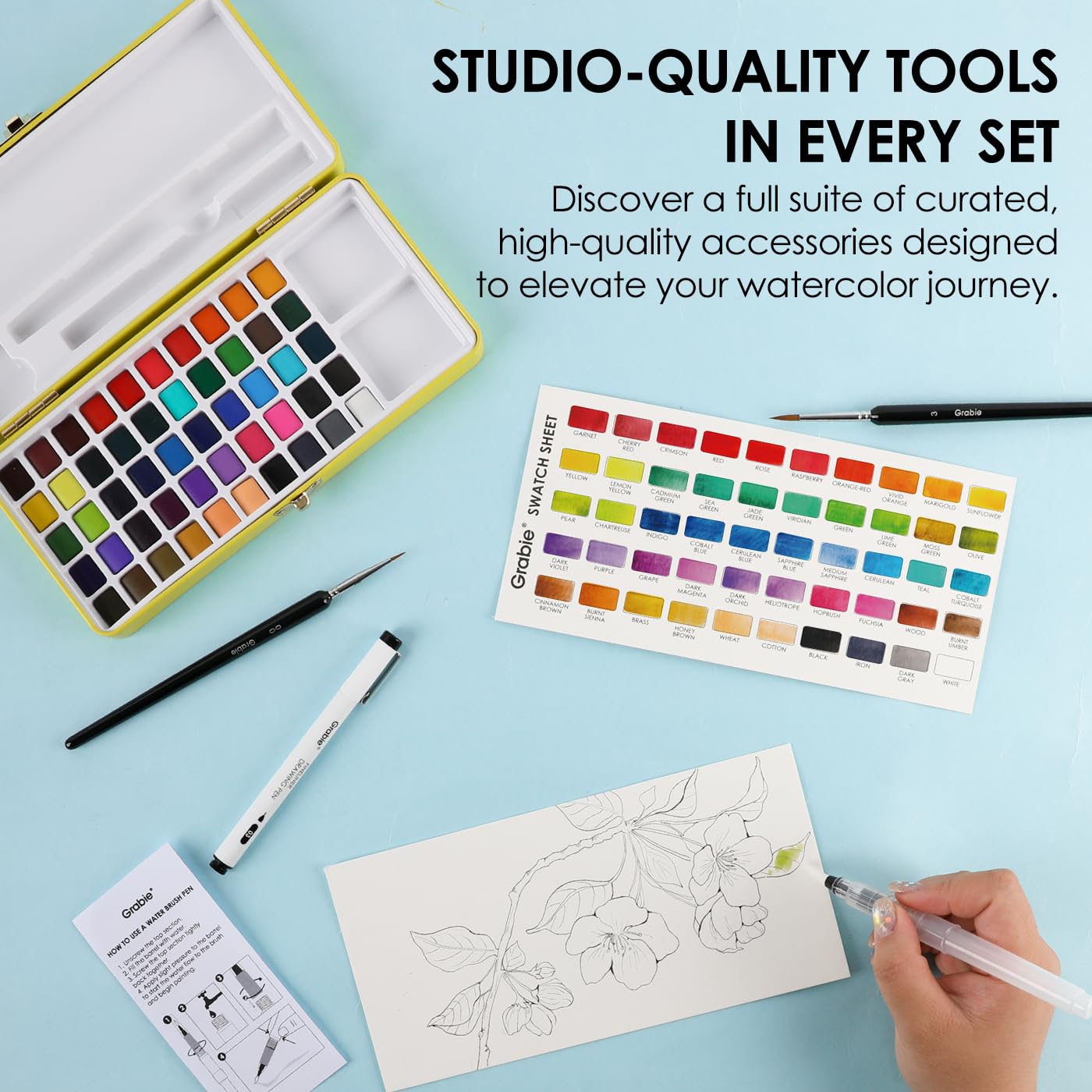 Grabie 50 Color Watercolor Paint Set with Brush Pens
