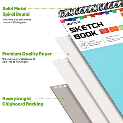 Soucolor Sketch Book 9" x 12", 100 Sheets Kids Art Sketchbook Drawing Pad