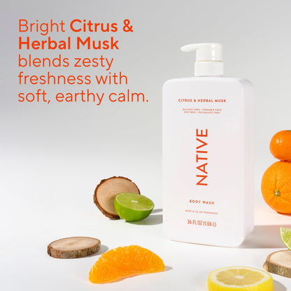 Native Clean Body Wash, Gentle & pH-balanced for Sensitive Skin, 24-Hr Freshness for Women & Men, Vegan & Cruelty-Free, Free of Sulfates, Parabens & Phthalates, Sandalwood & Shea Butter, 36 oz