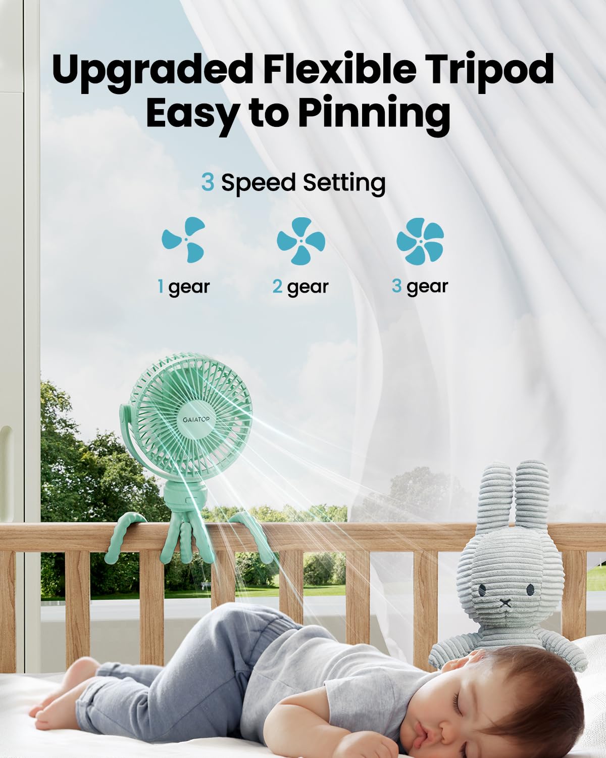 Gaiatop Mini Portable Stroller Fan, Small Clip on Fan 3 Speed Rechargeable