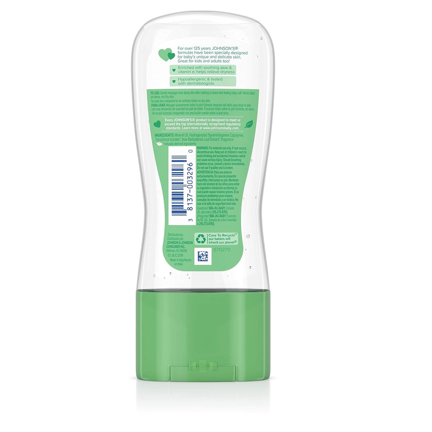 Johnson's Baby Oil Gel, Aloe Vera & Vitamin E, 6.5 fl oz
