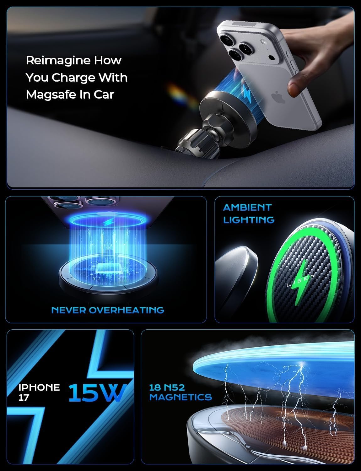 LISEN 15W MagSafe Car Mount Charger, Magnetic Phone Holders for Your Car
