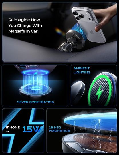 LISEN 15W MagSafe Car Mount Charger, Magnetic Phone Holders for Your Car