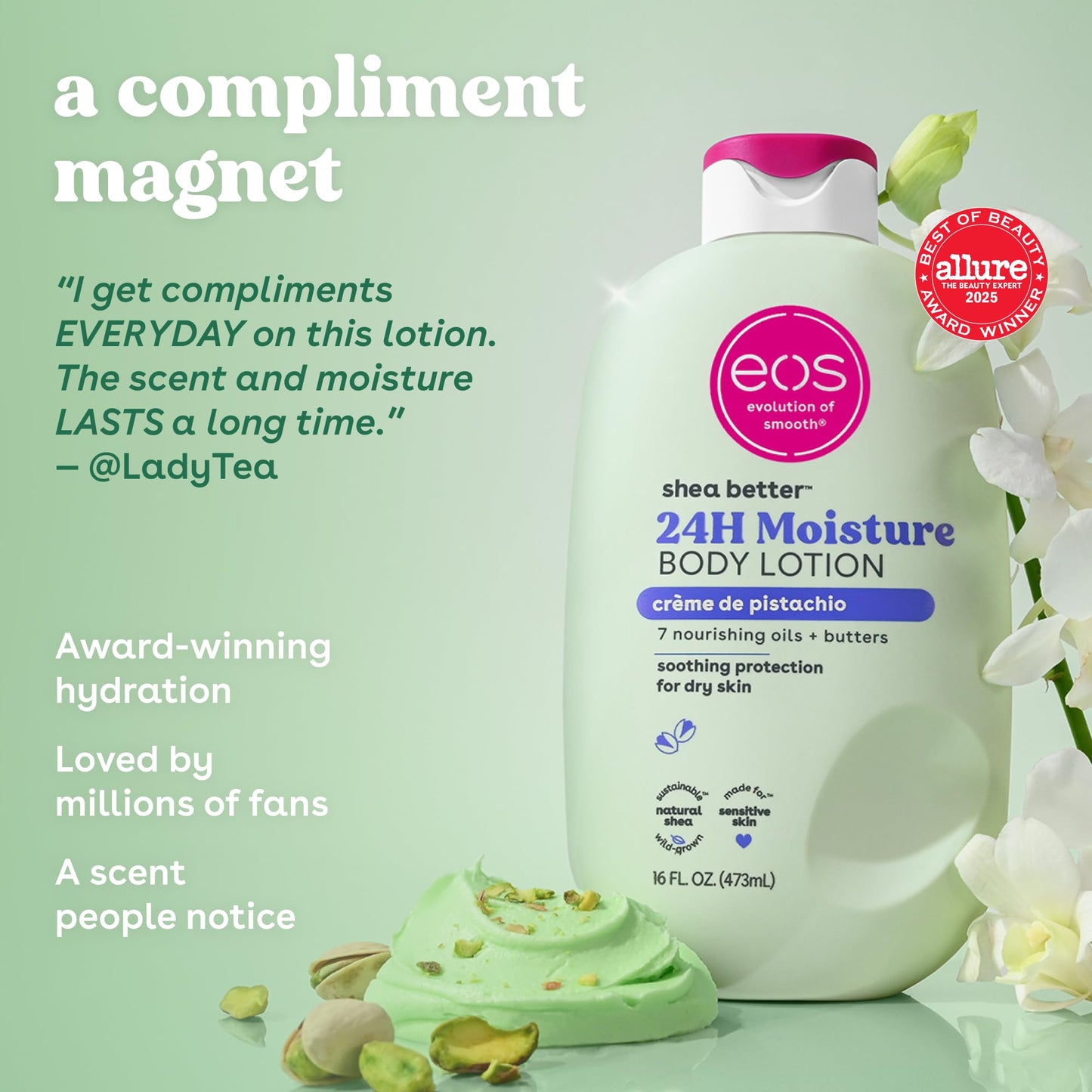 eos Shea Better Body Lotion- Vanilla Cashmere, 24-Hour Moisture, 16 fl oz