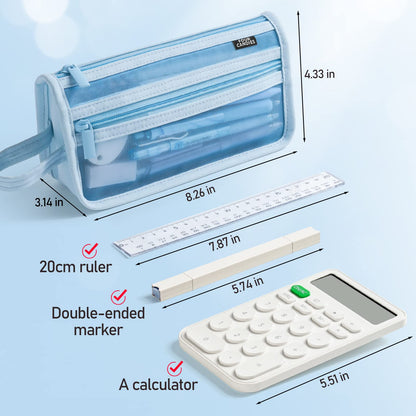 Four Candies Grid Mesh Pencil Case, Clear Double-layer with Handle (Purple)