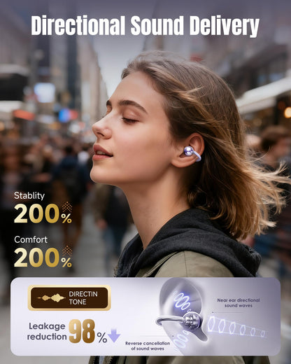 King Lucky Clip-On Earbuds Gen 3, Open-Ear Wireless Bluetooth 6.0 Headphones with Mic, Secure Fit for Small Ears & Glasses Wearers, 50H Playtime, ENC, IPX5 Waterproof Sport Ear Buds (Purple)