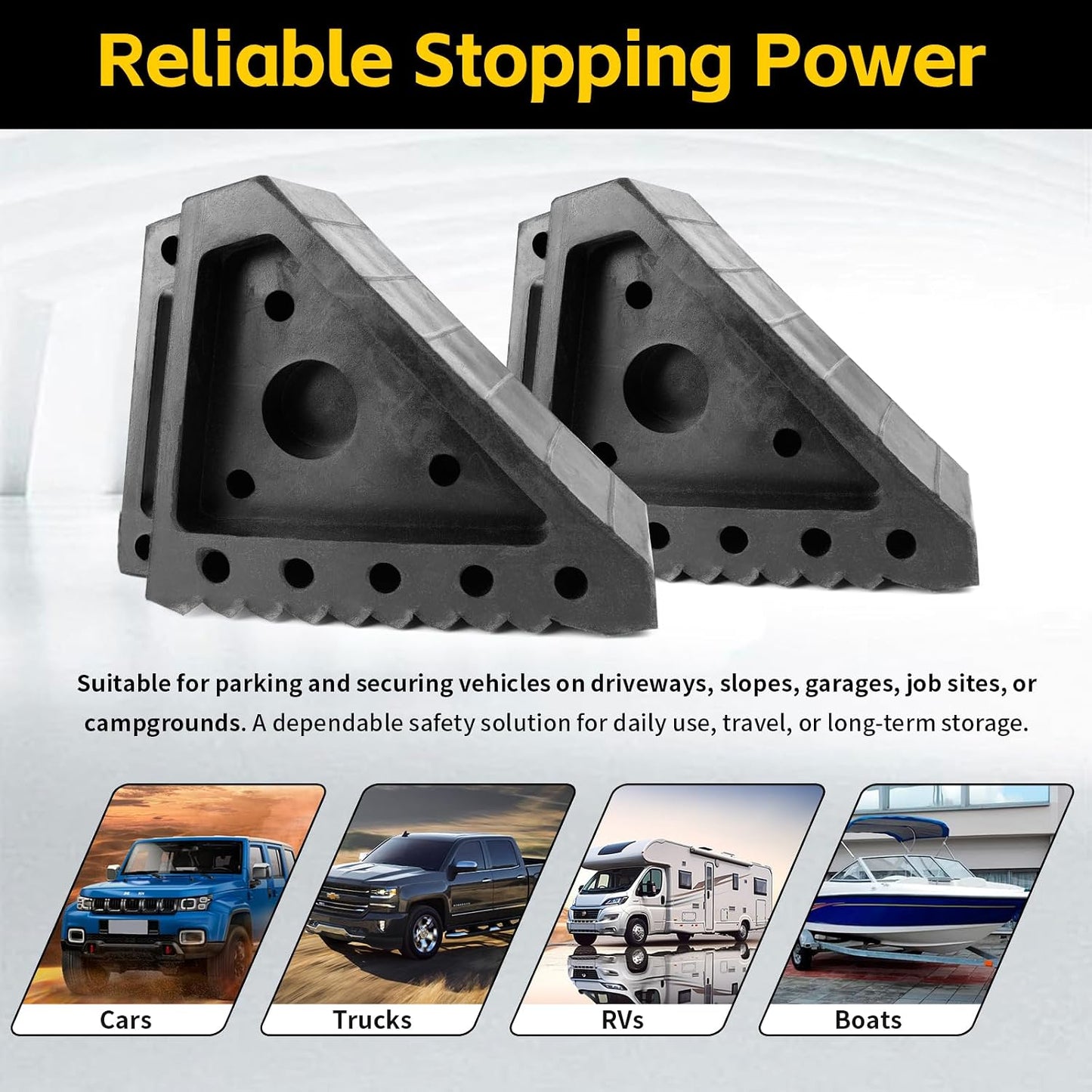 MaxxHaul Solid Rubber Wheel Chock 2-Pack | 8" x 4" x 6" Heavy-Duty Tire Stop | Non-Slip Traction Pads | Built-in Handle | All-Weather Vehicle Safety Block | Black | (70472)