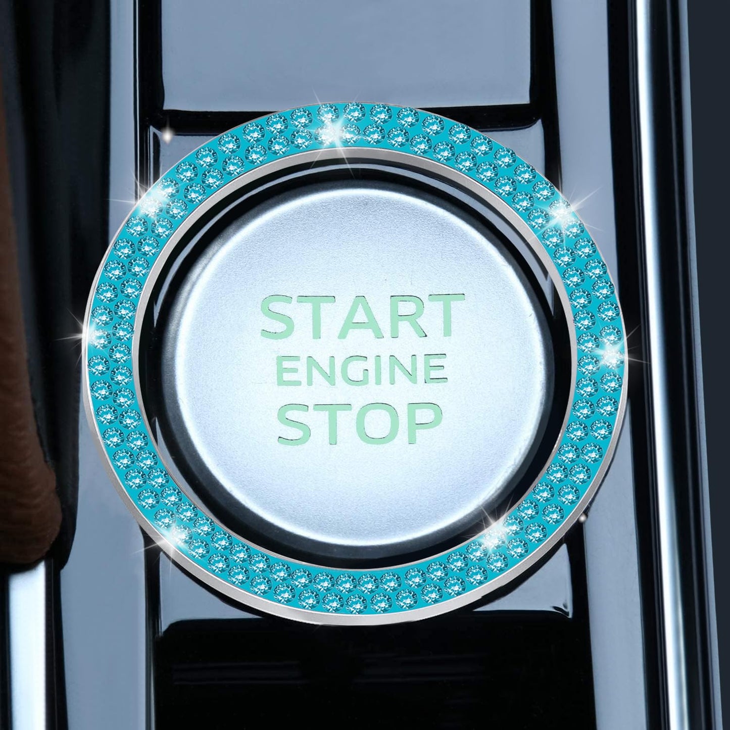 LivTee 2 PCS Crystal Double Rhinestone Car Engine Start Stop Decoration Ring, Bling Car Interior Accessories for Women, Push to Start Button Cover Sticker, Automotive Decals, Light Green