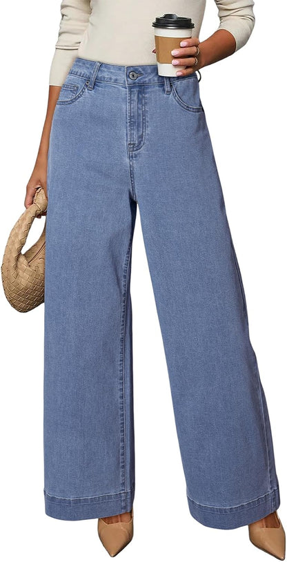 Dokotoo Women's Casual High Waisted Jeans Stretch Wide Leg Loose Denim Pant