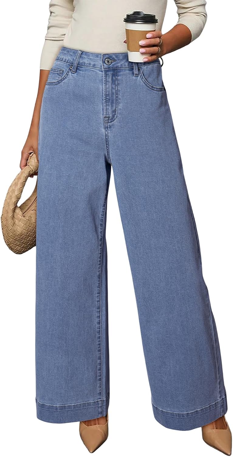 Dokotoo Women's Casual High Waisted Jeans Stretch Wide Leg Loose Denim Pant
