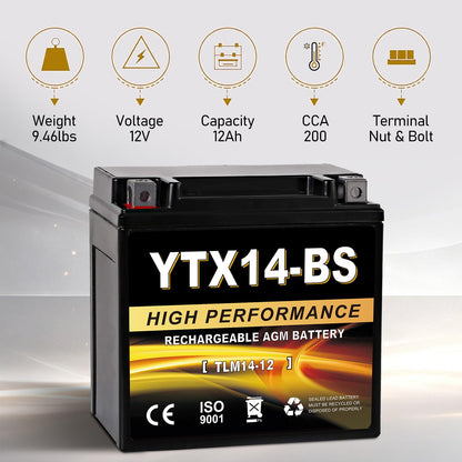 YTX14AH-BS 12V 12Ah Motorcycle Battery, 220CCA Rechargeable Maintenance Free Sealed AGM Battery, Powersport Replacement for ATV, UTV, Scooter