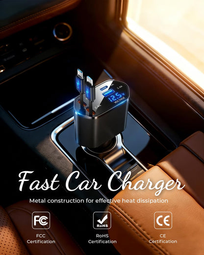 Retractable Car Charger, 4-in-1 Fast Charger with USB-C & USB-A