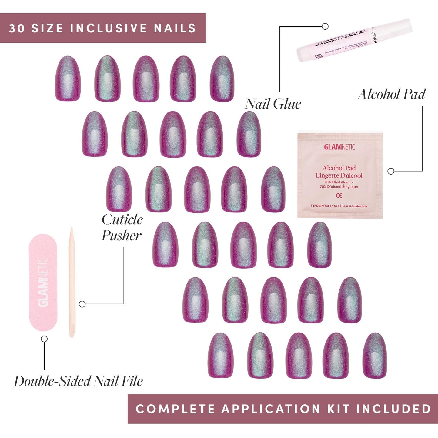Glamnetic Press On Nails - Short Almond, Glossy Fake Nails 24 Pc Full Kit