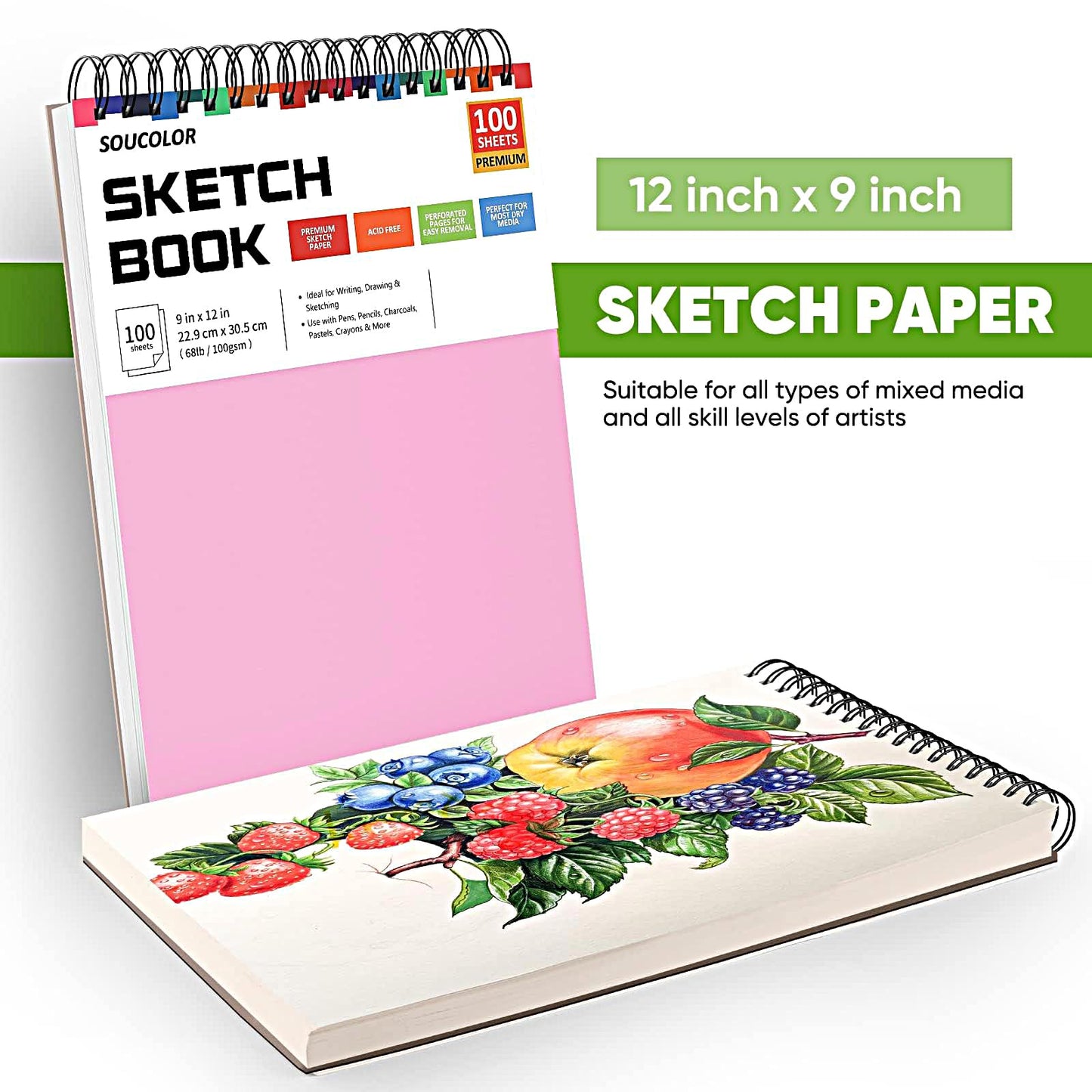 Soucolor Sketch Book 9" x 12", 100 Sheets Kids Art Sketchbook Drawing Pad