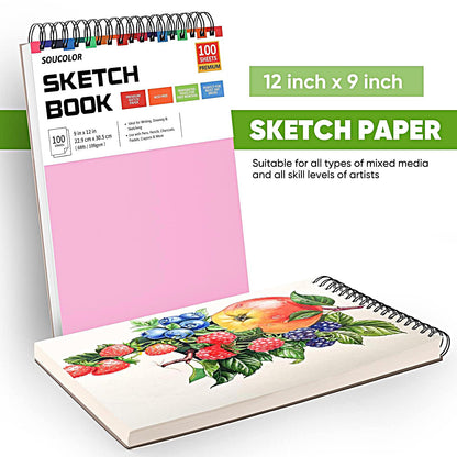 Soucolor Sketch Book 9" x 12", 100 Sheets Kids Art Sketchbook Drawing Pad