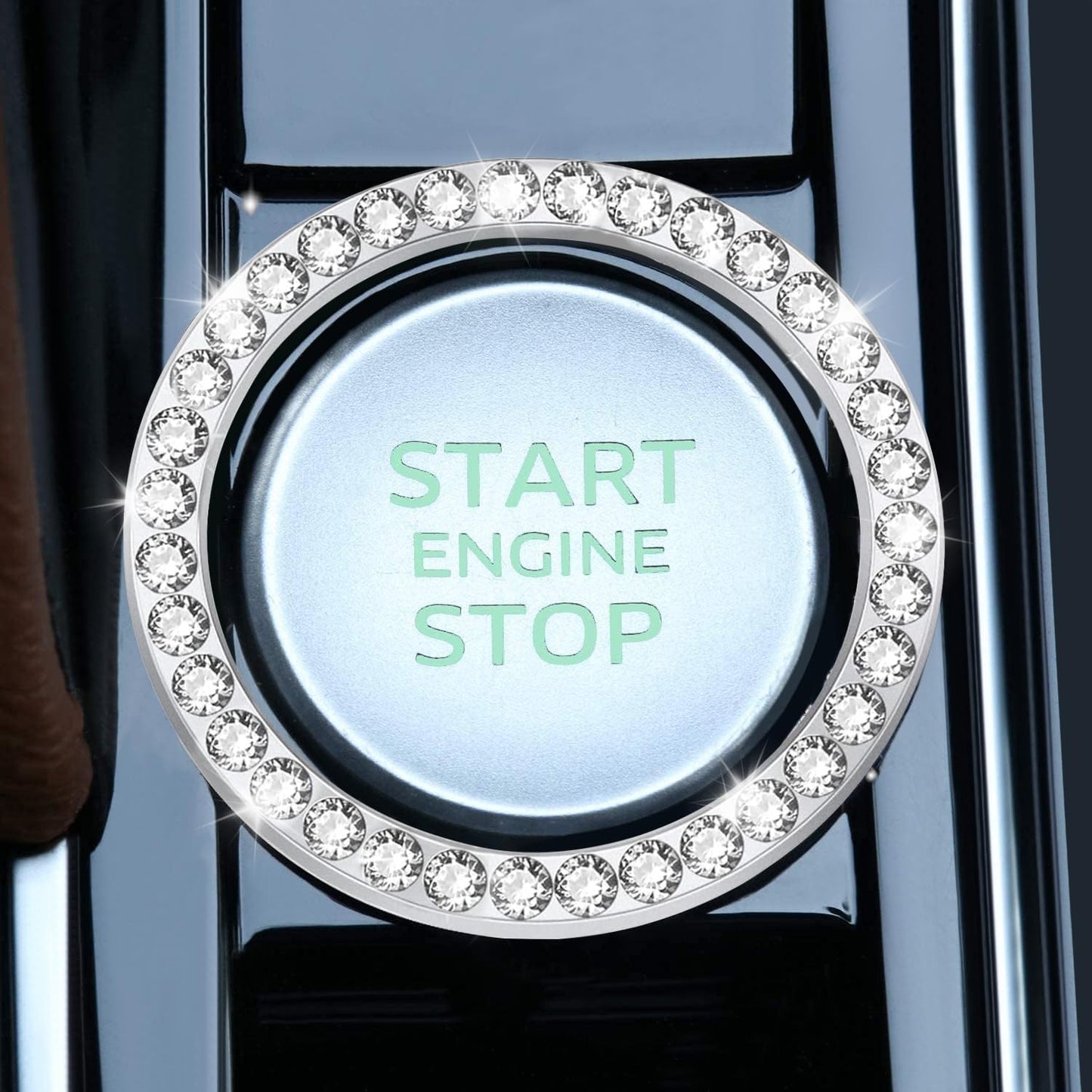 LivTee 2 PCS Crystal Double Rhinestone Car Engine Start Stop Decoration Ring, Bling Car Interior Accessories for Women, Push to Start Button Cover Sticker, Automotive Decals, Light Green