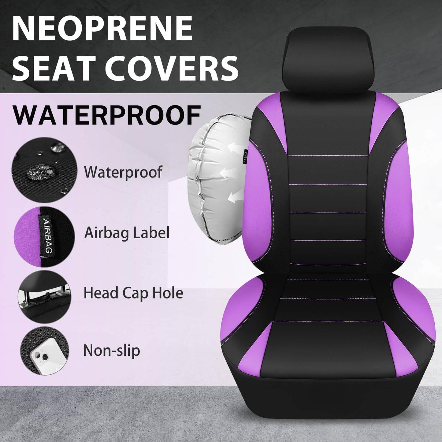 CAR PASS Waterproof Car Seat Covers Front Seats Only with 5mm Composite EVA, Neoprene Car Seat Cover with Separate Headrest Cover, Quick Setup Universal Fit for Car SUV Trucks,Airbag Compatible（Gray