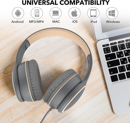 R10 Over-Ear Headphones with Microphone, Lightweight Folding Stereo Bass Headset with 1.5M No-Tangle Cord, Portable Wired Headphones for Smartphone Tablet Computer MP3 / 4 (Grey)