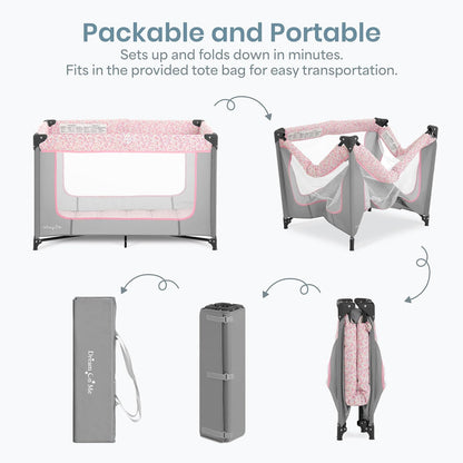 Dream On Me Zodiak Portable Playard, Compact for Travel, Carry Bag, Gray & Pink
