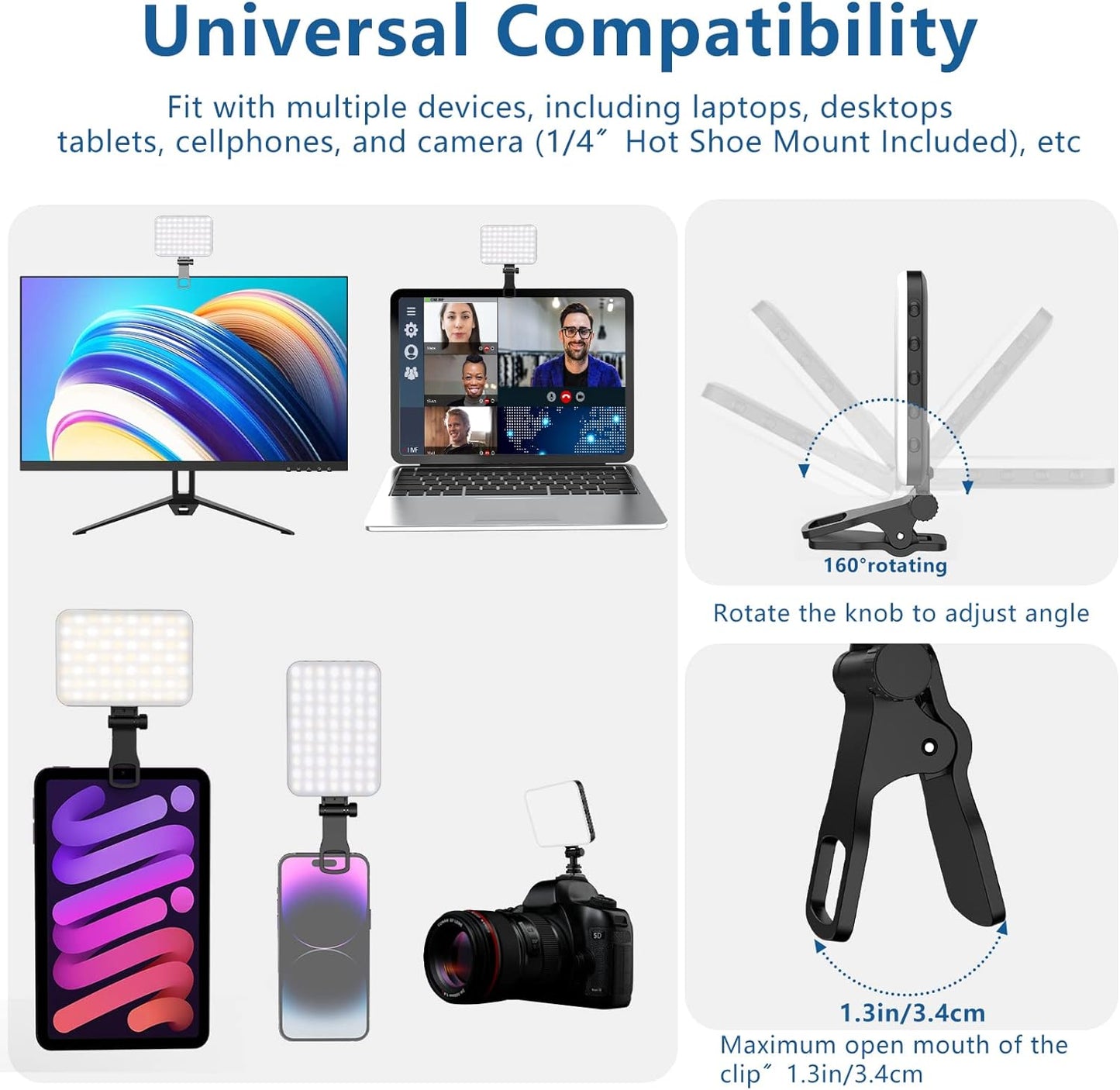 ALTSON 60 LED Portable Selfie Light Video Conference Lighting with Clip & Camera Tripod Adapter Rechargeable 2200mAh CRI 97+, 3 Light Modes for Phone iPhone Webcam Laptop Photo Makeup