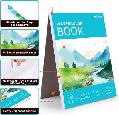 Hapikalor Watercolor Paper Pad, 9"x12" Water Color Paper, 140lb/300gsm Teal