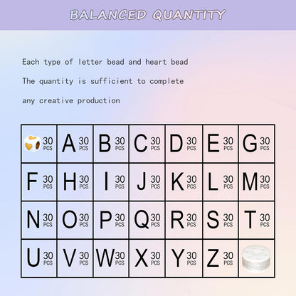 Looconi 810pcs Gold Letter Beads Square 6x6mm White Cube Acrylic Alphabet A-Z with Heart Pattern and Crystal Line for Jewelry Making