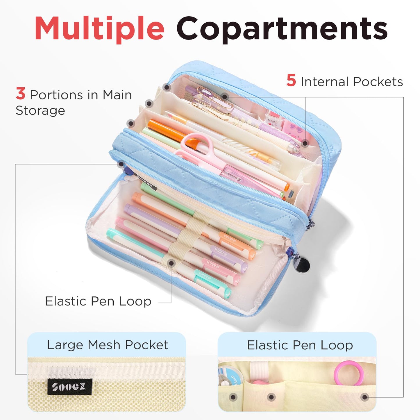 Sooez Large Pencil Case Pouch, Extra Big Pencil Bag with 8 Compartments, Pen Bag Wide Opening, Soft Quilted Pencil Pouch Organizer with Zipper, Portable Pencil Case for Teen Girls, Beige