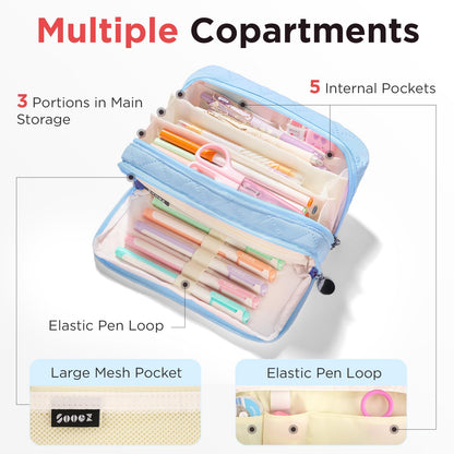 Sooez Large Pencil Case Pouch, Extra Big Pencil Bag with 8 Compartments, Pen Bag Wide Opening, Soft Quilted Pencil Pouch Organizer with Zipper, Portable Pencil Case for Teen Girls, Beige