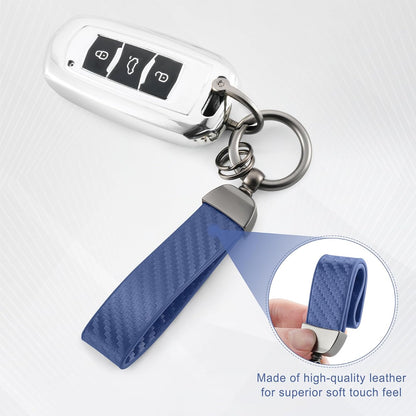JUSTTOP Leather Keychain, Carbon Fiber Car Key Chain with Anti-Lost D-Ring and 2 Key Ring, Keychain Wristlet, Car Accessories, Universal Keychain for Men and Women (Black)