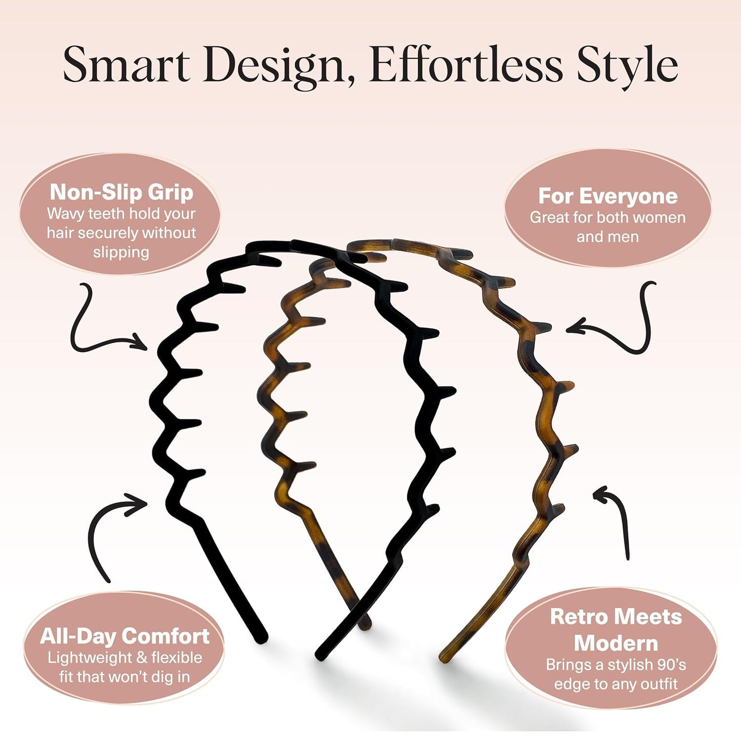 Kitsch Zig Zag Headbands for Women - Black and Tortoise, 2 pcs
