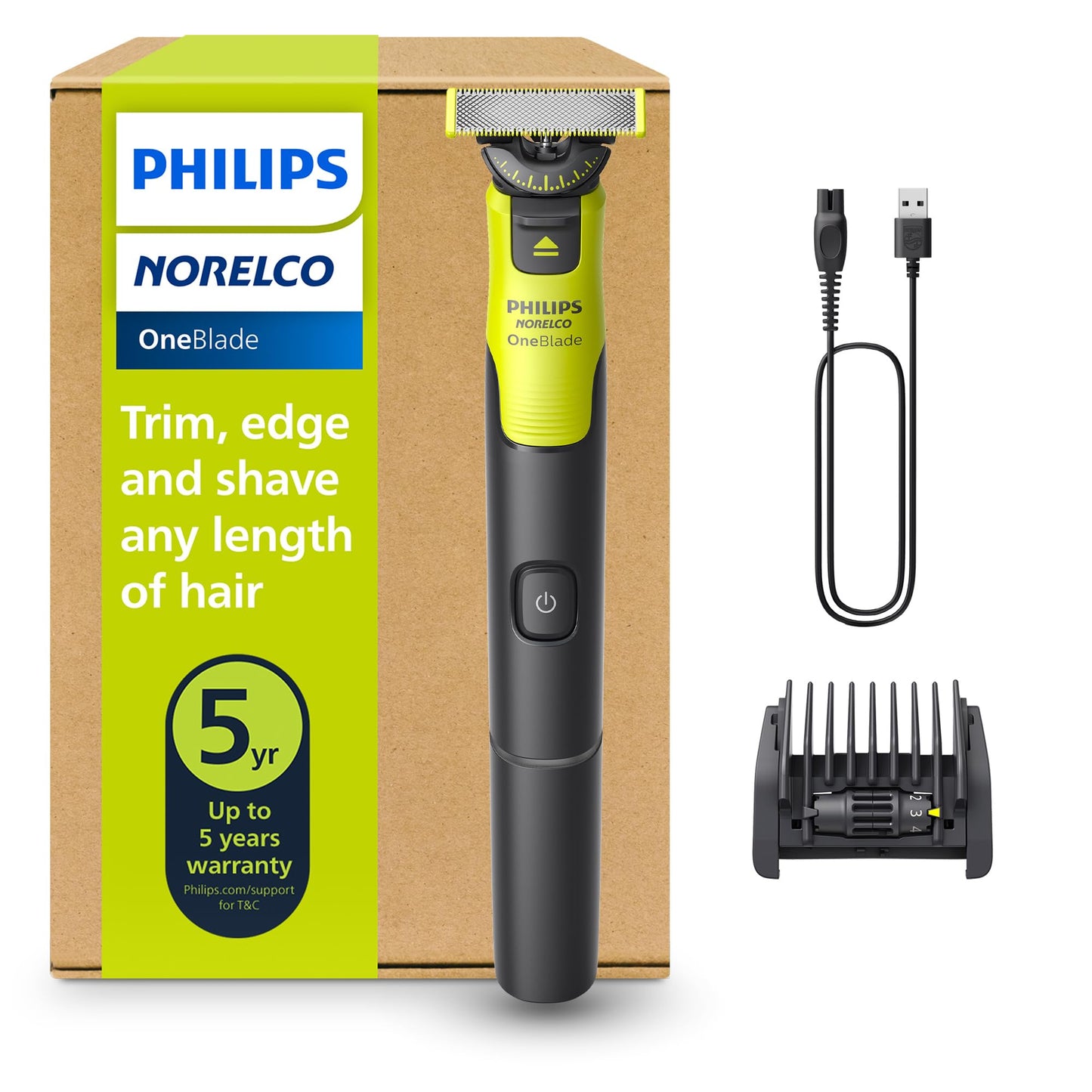 Norelco Philips OneBlade 360 Hybrid Face Trimmer and Shaver, 5 Length Comb