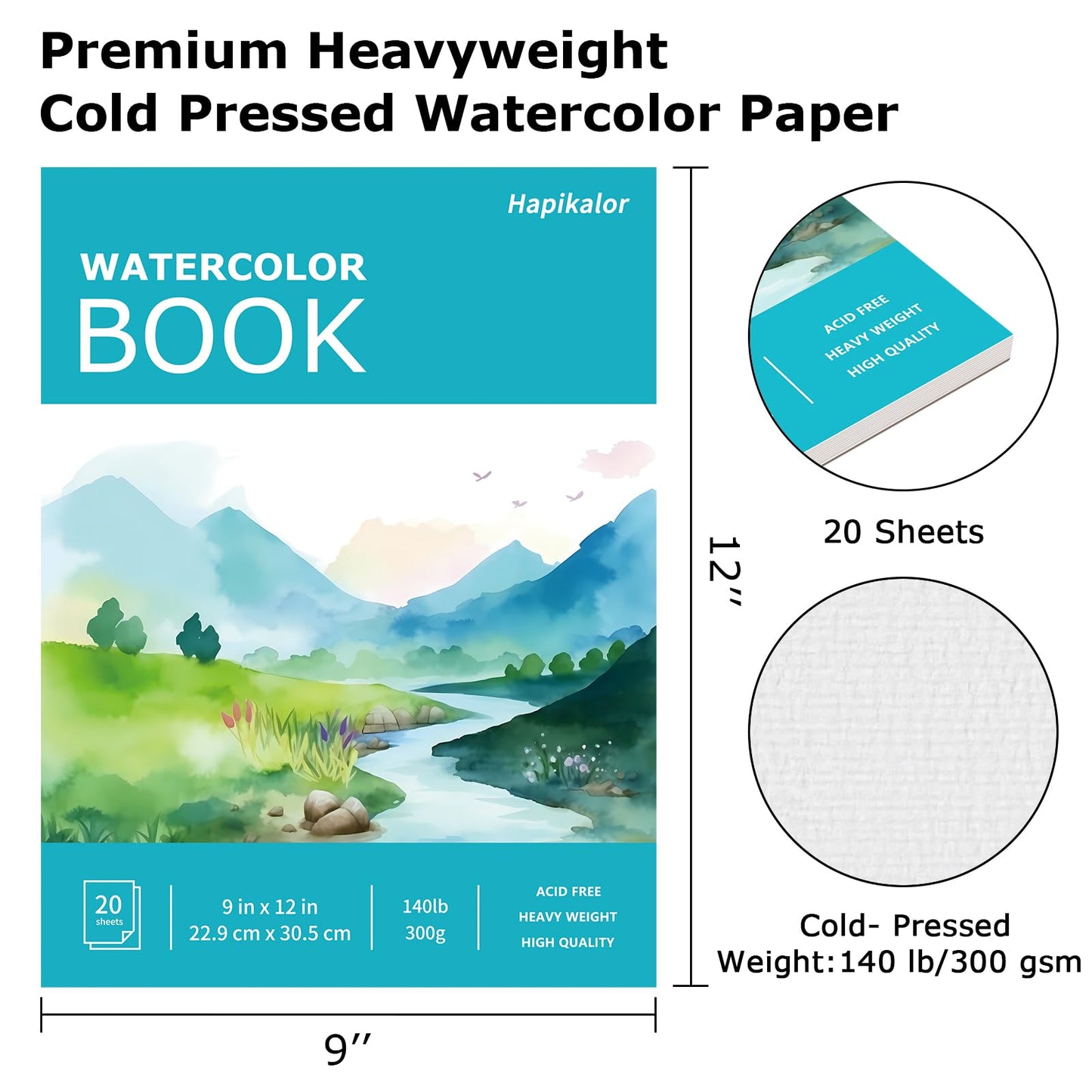 Hapikalor Watercolor Paper Pad, 9"x12" Water Color Paper, 140lb/300gsm Teal