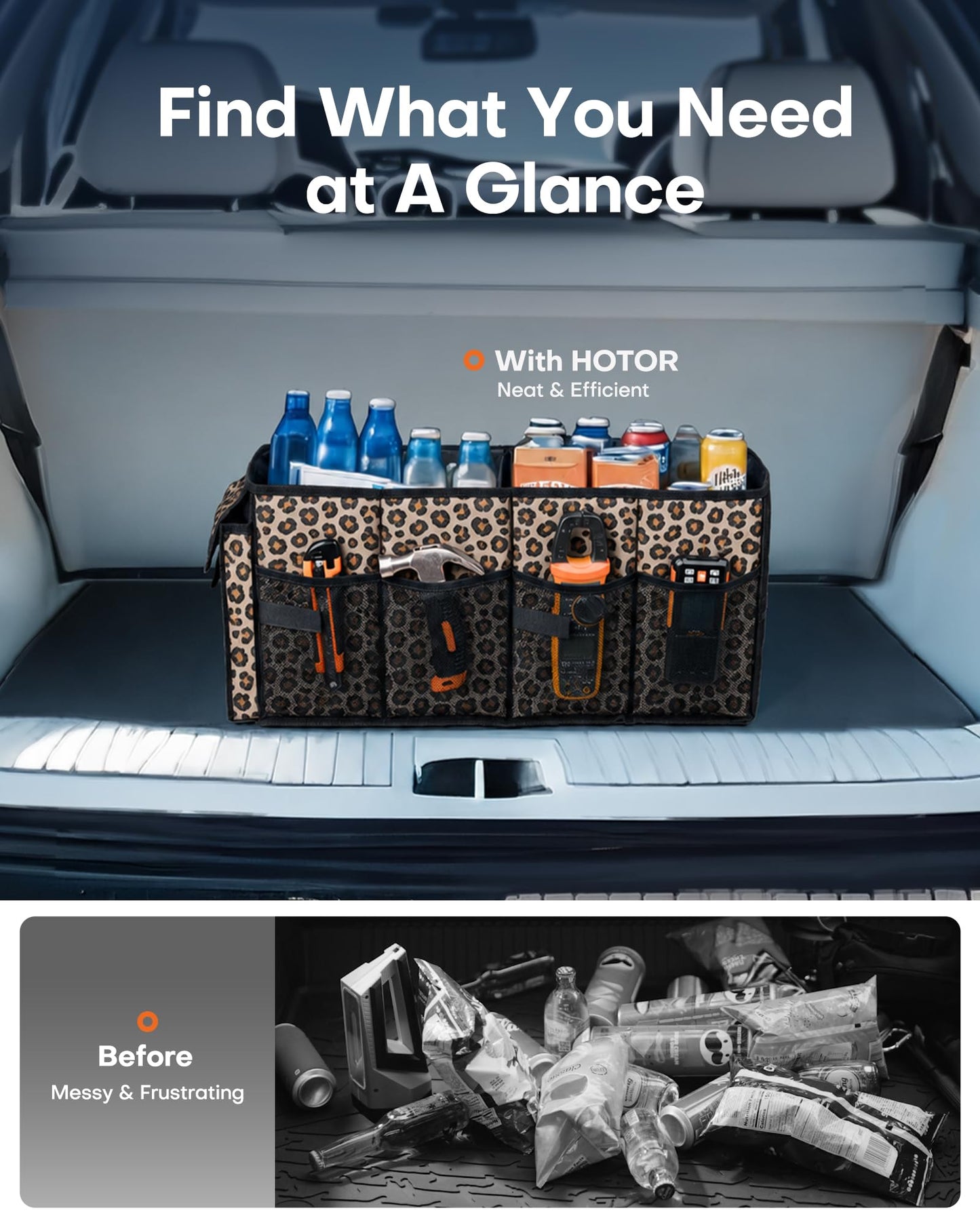 HOTOR Trunk Organizer - Foldable Car Organizer for SUVs & Sedans Storage