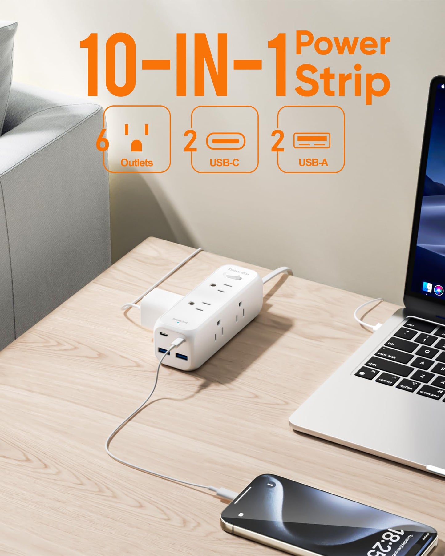 Olcorife Flat Plug Power Strip with 5 FT Extension Cord, 6 Outlets 3 USB Ports(1 USB C), 3 Sided Outlet Extender for Home Office Travel Dorm Room Essentials, White
