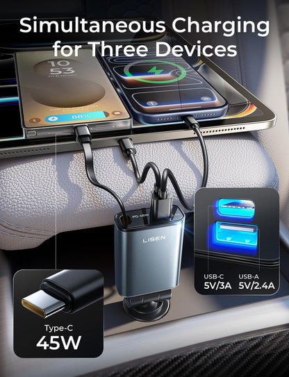 LISEN 72W Retractable Car Charger Ultra-Compact USBC Fast Car Charger